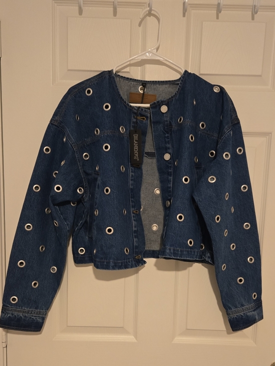 Blank NYC Jackets & Blazers - Blank NYC Dark Blue Eyelet-Embellished Denim Jacket